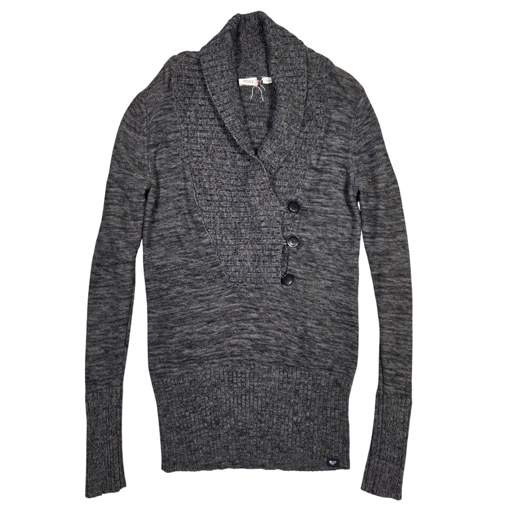 Roxy Womens L Gray Knit Sweater Cardigan Shawl Collar Coastal Skater Preppy Warm